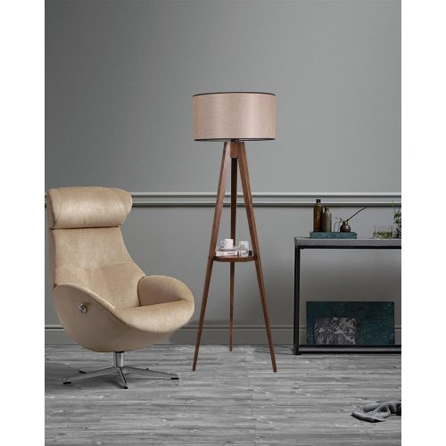 Industrial Floor Lamp with Wooden Shelf, Walnut Finish,