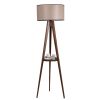 Industrial Floor Lamp with Wooden Shelf, Walnut Finish,