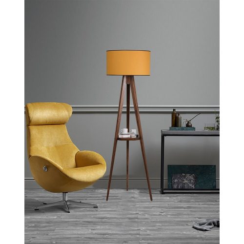 Elegant Wooden Floor Lamp with Shelf, Walnut & Mustard