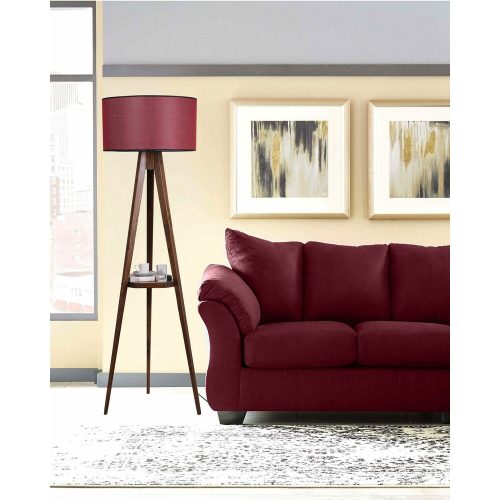 Elegant Wooden Floor Lamp with Shelf, Walnut & Claret Red