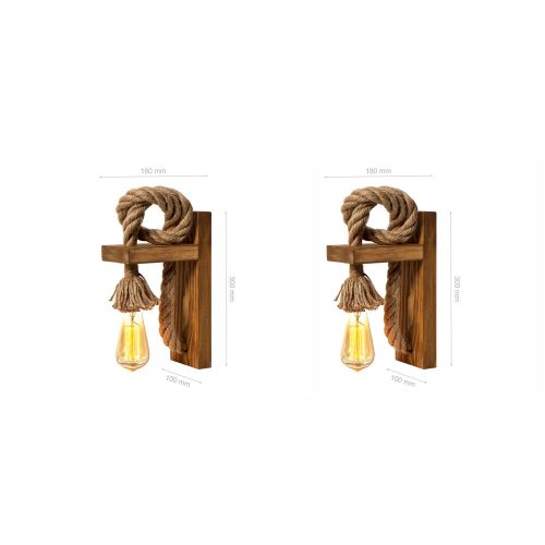 Opviq, 812LST1415, Handmade Wall Lamp Set (2 pcs), Brown and Gold, 18 x 30 x 10 cm | 100% spruce, jute rope, rustic modern design | Bulbs not included, E27 socket
