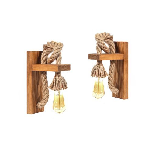 Opviq, 812LST1415, Handmade Wall Lamp Set (2 pcs), Brown and Gold, 18 x 30 x 10 cm | 100% spruce, jute rope, rustic modern design | Bulbs not included, E27 socket