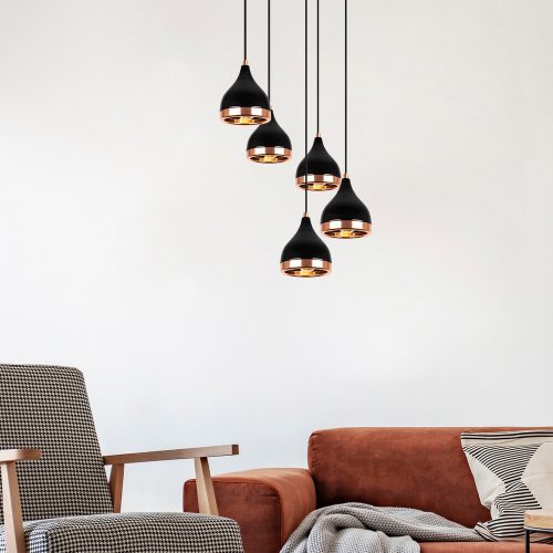Modern Chandelier, Black & Copper, 135 cm Height | Adjustable, 5 x E27, Glam & Scandinavian Design