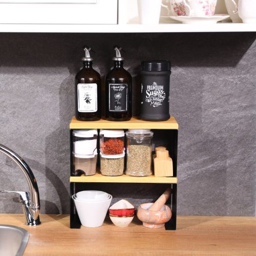 Stylish Black Kitchen Organizer, Metal & Pine Wood, 30x14x13.5