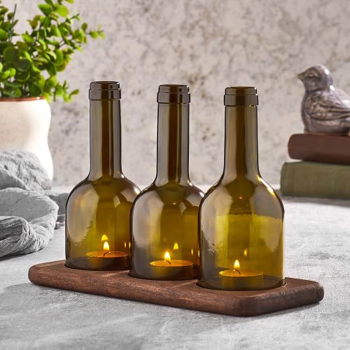 Elegant Wooden Candlestick Set (3 Pieces) with Glass Bottles, 11 x 28 x 20 cm | 100% Natural Wood, Dishwasher-Safe Glass