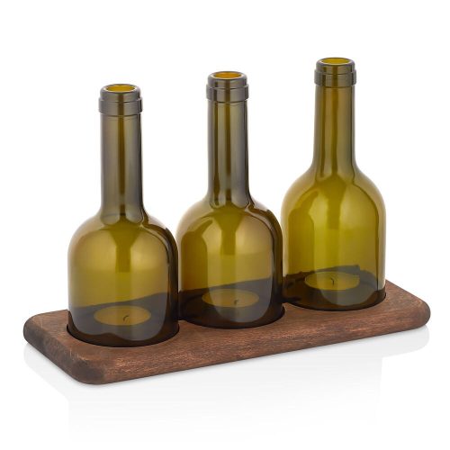 Elegant Wooden Candlestick Set (3 Pieces) with Glass Bottles, 11 x 28 x 20 cm | 100% Natural Wood, Dishwasher-Safe Glass