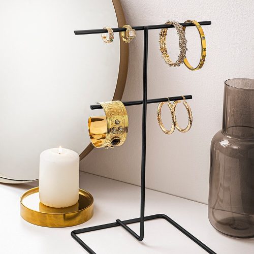 Elegant Black Metal Jewelry Stand Organizer, 15cm Dia