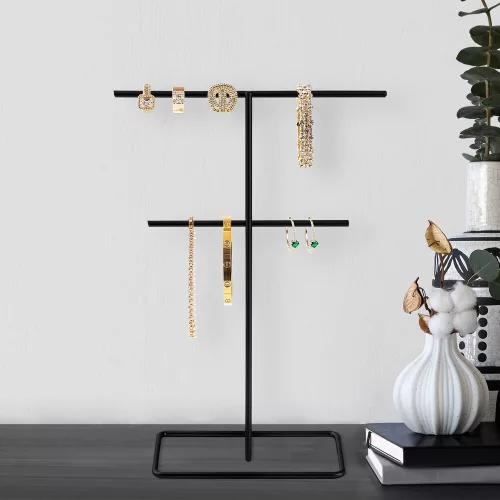 Elegant Black Metal Jewelry Stand Organizer, 15cm Dia
