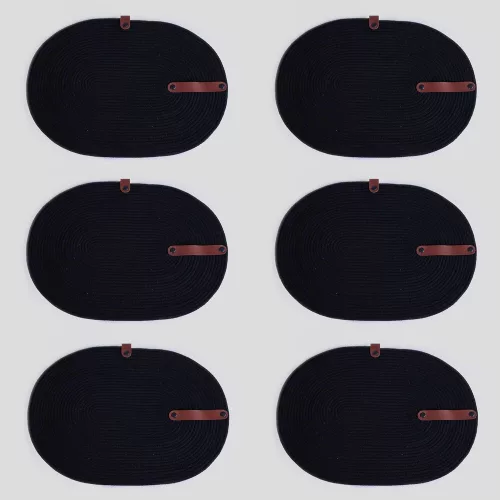 Handmade Black Table Mat Set (6 Pieces) with Knife Holder