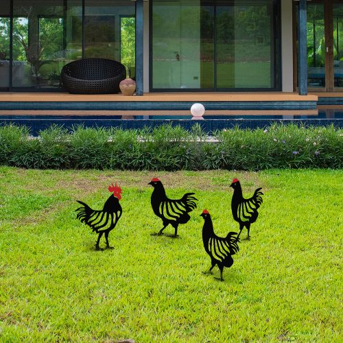 Decorative Black Metal Chicken Set (4 Pieces) | 100% Metal, 1.2mm Thick | Perfect for Garden Decor