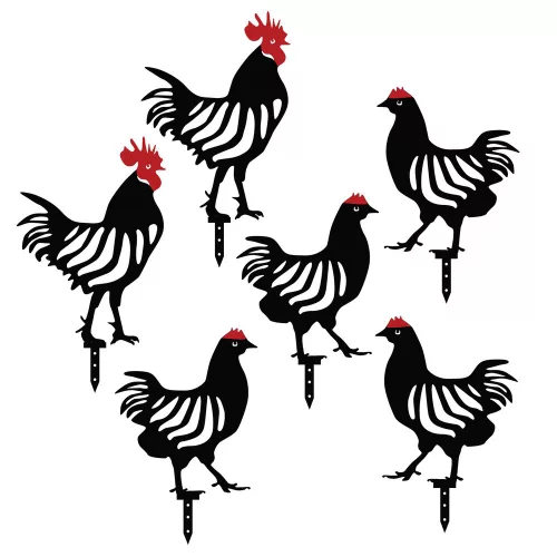 Decorative Metal Chicken Set (6 Pieces), Black | 100% Metal, 1.2mm Thick | Perfect for Garden Decor