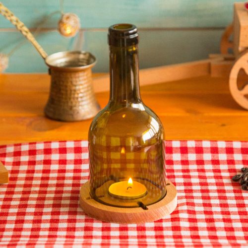 Elegant Wooden Candlestick with Glass Bottle, 7.5 x 7.5 x 18.5 cm | 100% Natural Wood, Dishwasher-Safe Glass | Perfect for Home Decor & Ambiance