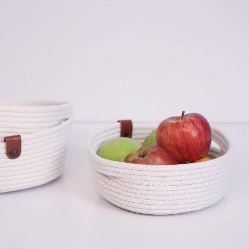 Handmade Cotton Basket Set (3 Pieces) - Ecru Jute Rope, 20 x 20 x 8 cm | Stylish Storage Solution with Holder for Home & Office Organization
