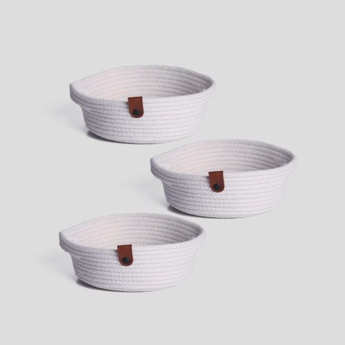 Handmade Cotton Basket Set (3 Pieces) - Ecru Jute Rope, 20 x 20 x 8 cm | Stylish Storage Solution with Holder for Home & Office Organization