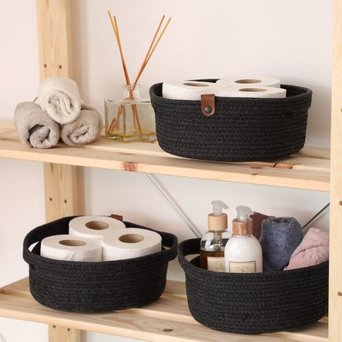 Handmade Cotton Basket Set (3 Pieces), Black Jute Rope, 25 x 25 x 10 cm | Durable & Stylish Storage Solution for Bathroom & Home Organization