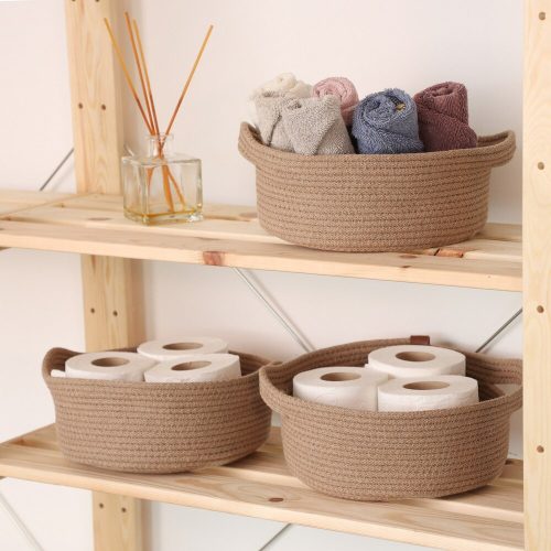 Handmade Cotton Basket Set (3 Pieces), Beige Jute Rope, 25 x 25 x 10 cm | Perfect for Bathroom Storage & Organization, Stylish & Durable Design