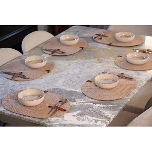 Handmade Table Mat Set (6 Pieces) with PU Leather Knife Holder, 30 x 40 cm, 100% Cotton Jute Rope, Elegant Beige Design for Dining & Kitchen Use