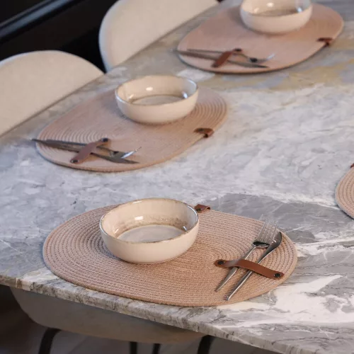 Handmade Table Mat Set (6 Pieces) with PU Leather Knife Holder, 30 x 40 cm, 100% Cotton Jute Rope, Elegant Beige Design for Dining & Kitchen Use