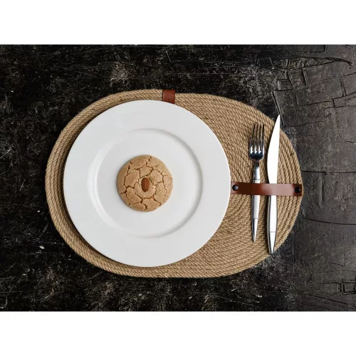 Handmade Table Mat Set (6 Pieces) with PU Leather Knife Holder, 30 x 40 cm, 100% Cotton Jute Rope, Elegant Beige Design for Dining & Kitchen Use