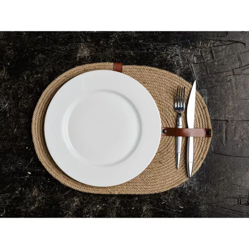 Handmade Table Mat Set (6 Pieces) with PU Leather Knife Holder, 30 x 40 cm, 100% Cotton Jute Rope, Elegant Beige Design for Dining & Kitchen Use