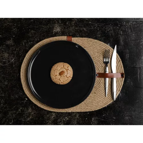 Handmade Table Mat Set (6 Pieces) with PU Leather Knife Holder, 30 x 40 cm, 100% Cotton Jute Rope, Elegant Beige Design for Dining & Kitchen Use