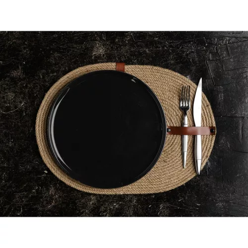 Handmade Table Mat Set (6 Pieces) with PU Leather Knife Holder, 30 x 40 cm, 100% Cotton Jute Rope, Elegant Beige Design for Dining & Kitchen Use