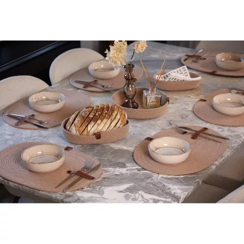 Handmade Table Mat Set (6 Pieces) with PU Leather Knife Holder, 30 x 40 cm, 100% Cotton Jute Rope, Elegant Beige Design for Dining & Kitchen Use