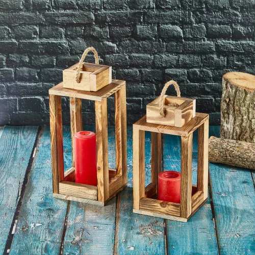 Elegant Wooden Candlestick Lanterns (2 Pieces) - Natural Finish, 30 cm & 25 cm | Perfect for Home Decor & Ambient Lighting | Stylish & Functional Design