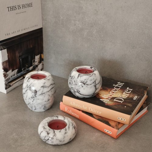 Elegant Candlestick Set (3 Pieces) - 100% Sicily Lila Marble, White | Small: 8x3cm, Medium: 8x6cm, Large: 8x9cm | Perfect for Home Decor & Special Occasions