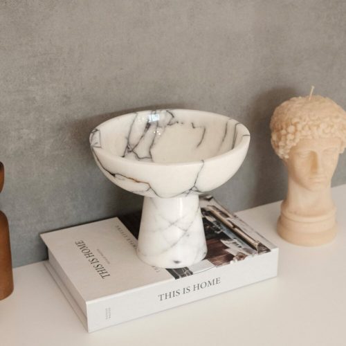 Elegant Footed Bowl, 20 cm Diameter, 17 cm Height | 100% Sicily Lila Marble, White | Perfect for Home Decor & Dining, Stylish and Functional Design