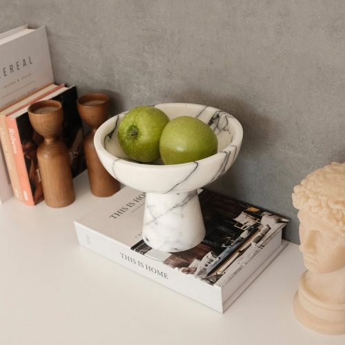 Elegant Footed Bowl, 20 cm Diameter, 17 cm Height | 100% Sicily Lila Marble, White | Perfect for Home Decor & Dining, Stylish and Functional Design