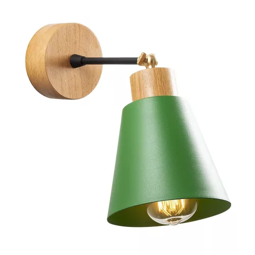 Modern green wall lamp, metal housing with wooden base, diameter 14 cm, height 25 cm | E27 socket, max 40W, IP20 | Stylish and functional lighting for interior design and innovative spaces