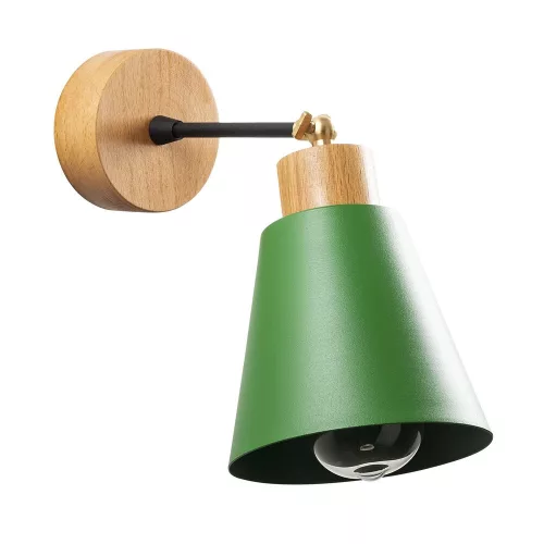 Modern green wall lamp, metal housing with wooden base, diameter 14 cm, height 25 cm | E27 socket, max 40W, IP20 | Stylish and functional lighting for interior design and innovative spaces