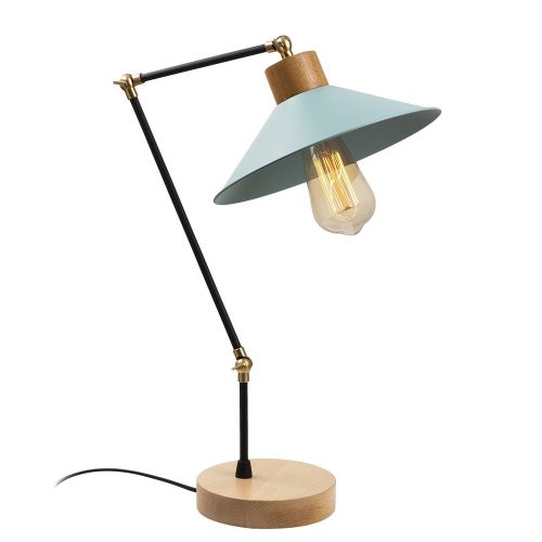 Modern table lamp with metal body and wooden base, turquoise, 52 cm high | 24 cm diameter shade, E27 socket (max. 40 W) | Stylish and functional lighting for home and office use, 200 cm cable length