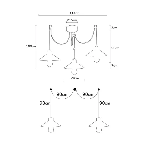 Modern chandelier with iron body and candle base, 114 x 24 cm, Height: 100 cm | Adjustable height, 3 x E27 sockets, IP20 | Stylish lighting for home and office use, elegant, innovative design