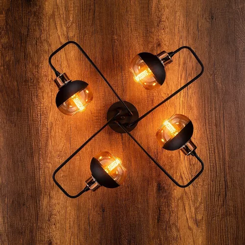Modern industrial chandelier, black and copper, diameter 72 cm, height 22 cm | Iron body, glass cap, 4 x E27 Max 40W | Stylish lighting for home, office and dining rooms, IP20 rating