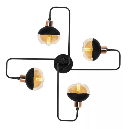 Modern industrial chandelier, black and copper, diameter 72 cm, height 22 cm | Iron body, glass cap, 4 x E27 Max 40W | Stylish lighting for home, office and dining rooms, IP20 rating