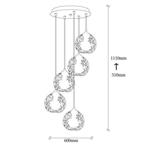 Modern black chandelier, diameter 60 cm, adjustable height 111 cm | Metal housing, 5 x E27 Max 40W | Elegant design for home and office use, IP20 rating, stylish luminaire for any location