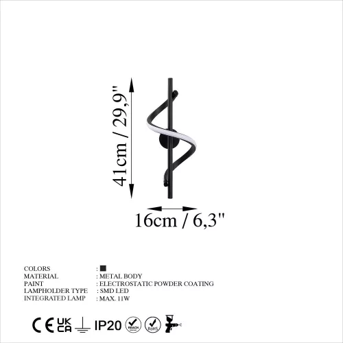 Stylish black wall lamp, metal housing, 16 x 41 x 25 cm | SMD LED 11W 3000K | Durable metal base, IP20 rated | Perfect for modern living rooms, bedrooms and hallways, for an elegant and functional design