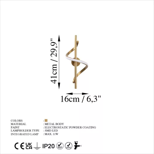 Elegant gold wall lamp, metal housing, 16 x 41 x 25 cm | SMD LED 11W 3000K | Stylish lighting for modern interior design, IP20 rating, durable metal base, perfect for living room and bedroom atmosphere