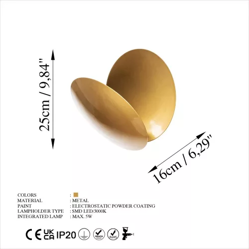 Elegant gold wall lamp, metal housing, 25 x 25 x 16 cm | SMD LED 5W 3000K | Stylish lighting for modern interior design, IP20 rating, perfect for living room, bedroom and hallway atmosphere