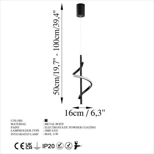 Elegant black chandelier, metal body, width 16 cm, adjustable height 50-100 cm | SMD LED 11W 3000K | Stylish lighting for modern interior design, IP20 rating, perfect for living room and dining room