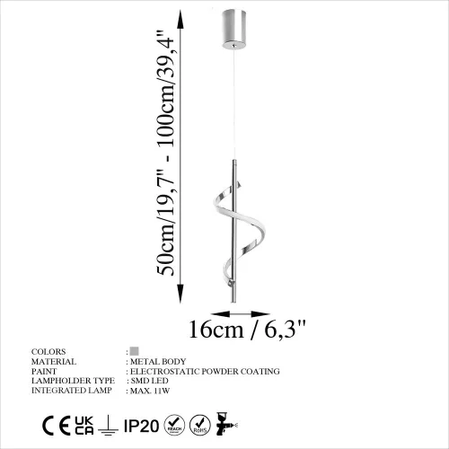 Elegant chrome chandelier, metal body, adjustable height 50-100 cm, width 16 cm, LED 11W 3000K, IP20 classification, stylish lighting for modern interior design, perfect for living room and dining room