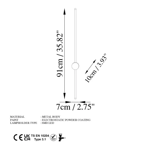 Stylish gray wall lamp, metal housing, 91 x 10 x 7 cm | IP20 rated, SMD LED 13W 3000K | Perfect for modern living rooms and bedrooms, slim design with a durable metal base