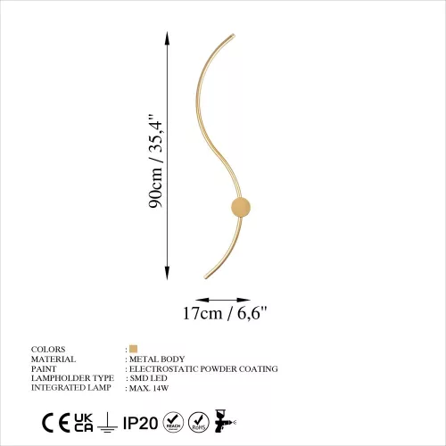 Elegant gold wall lamp, metal housing, 90 x 17 x 10 cm | SMD LED 14W 3000K | Stylish lighting for modern interior design, IP20 rating, perfect for living room and bedroom atmosphere