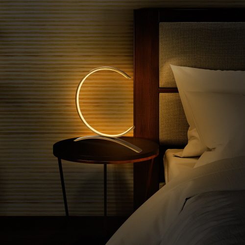 Elegant gold table lamp, metal housing, 35 cm width x 34 cm height x 4 cm depth | 12W LED socket, 3000K warm light, 80 CRI | Stylish lighting for home and office use, on/off switch, 200 cm cable