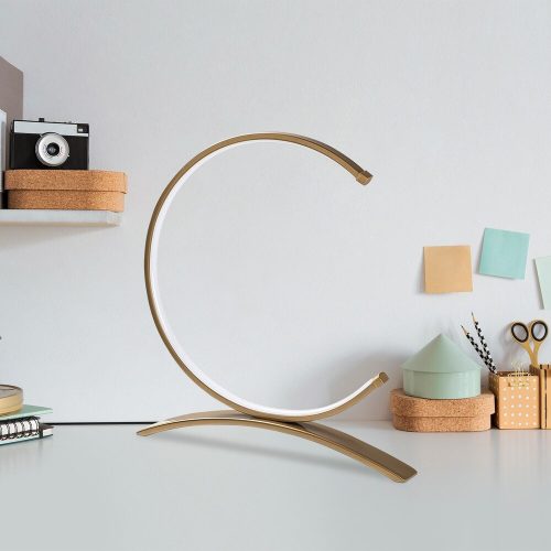 Elegant gold table lamp, metal housing, 35 cm width x 34 cm height x 4 cm depth | 12W LED socket, 3000K warm light, 80 CRI | Stylish lighting for home and office use, on/off switch, 200 cm cable