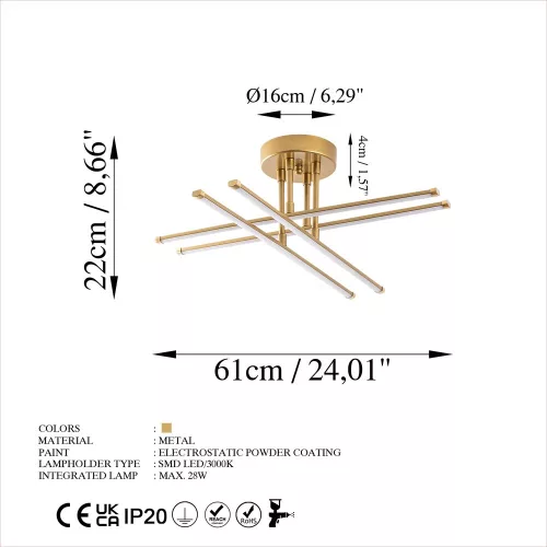 Elegant golden chandelier, metal body, 61 x 22 x 61 cm | SMD LED 28W 3000K | Stylish lighting fixture for modern interior design | Durable metal base, IP20 rating, perfect for living room and dining room