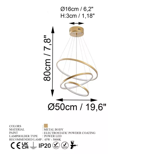 Elegant gold chandelier, metal body, 50 cm width x 80 cm height x 50 cm depth | SMD LED 28W 3000K | Stylish light fixture for modern interior design, IP20 rating, perfect for living room and dining room