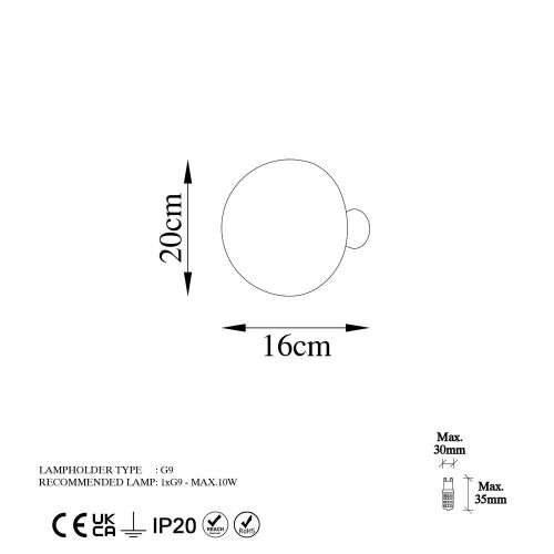 Elegant gold wall lamp, metal housing, 20 cm diameter x 16 cm height | IP20 rating, G9 socket (max. 10 W) | Stylish lighting for modern interior design, perfect for living room and bedroom atmosphere